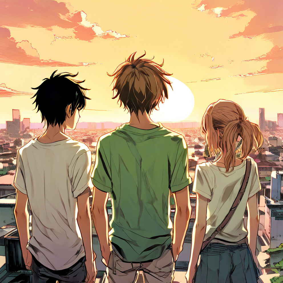 Kai, Nia y Seke observando el amanecer en un mirador.